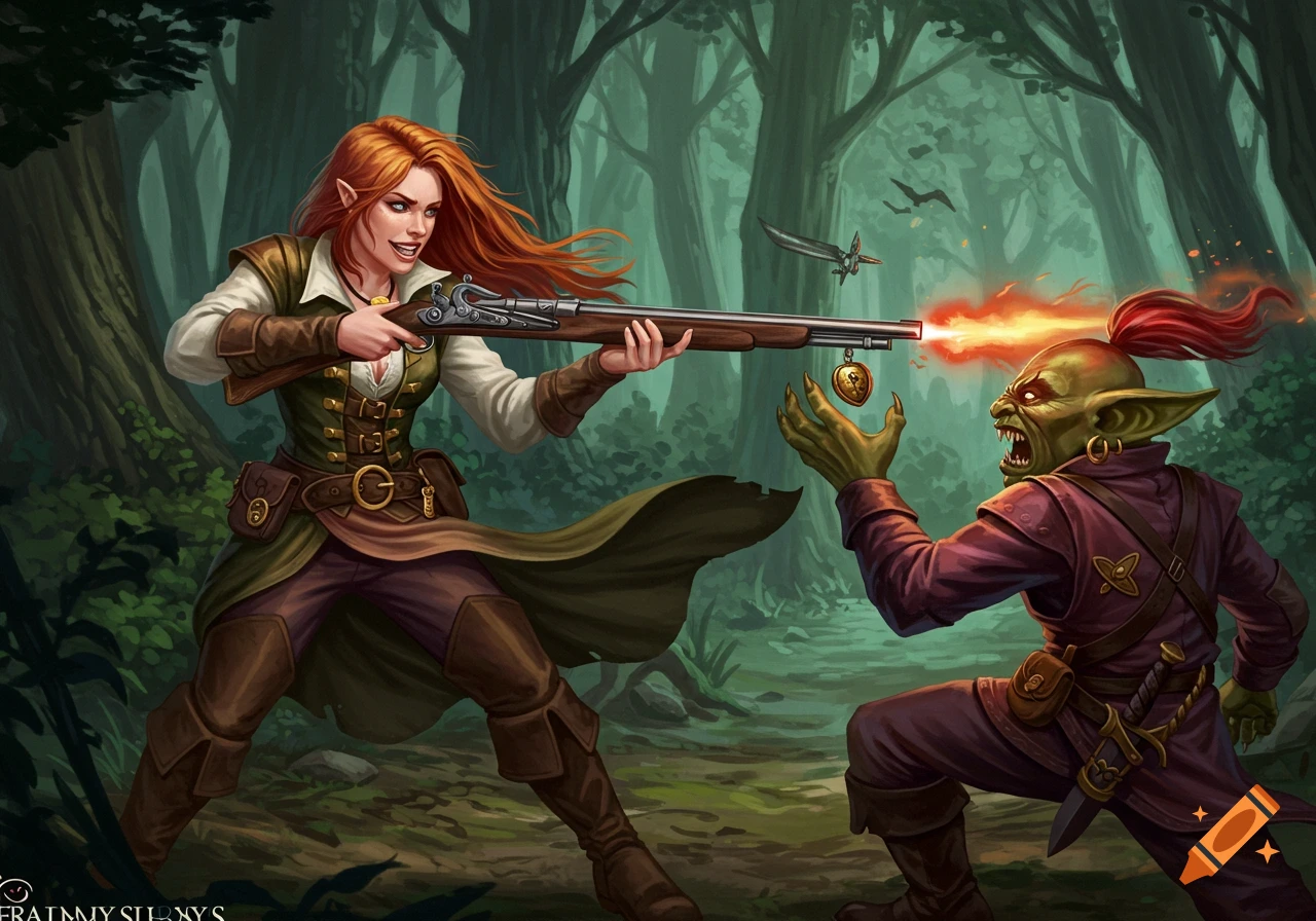 A red-haired woman in fantasy clothing shoots a goblin in a forest.