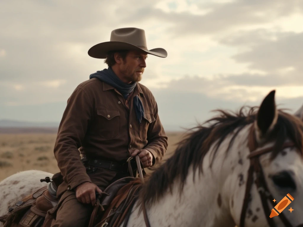 A cowboy on horseback in a field at dusk.