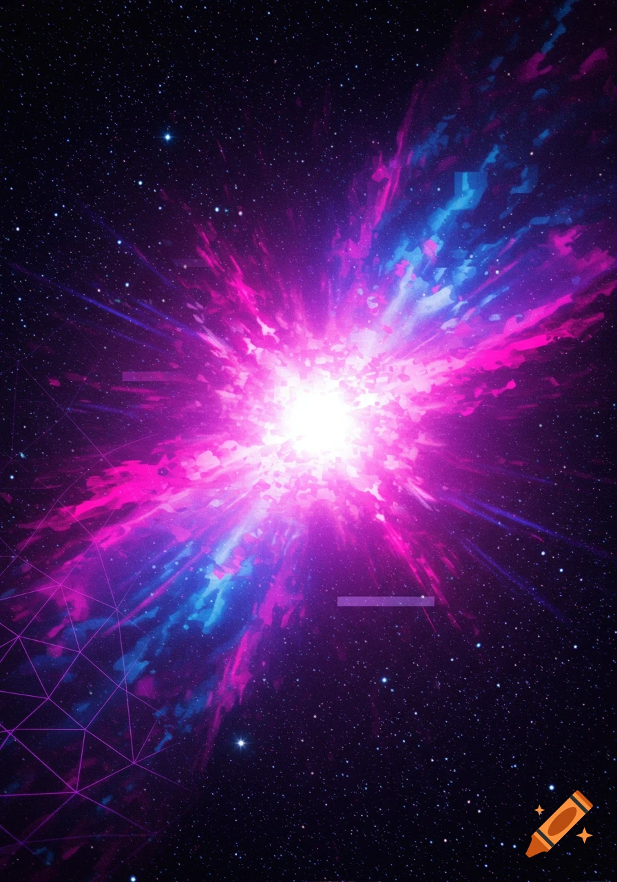 Vaporwave style supernova explosion in space with pink, blue, and purple light bursts and geometric lines.
