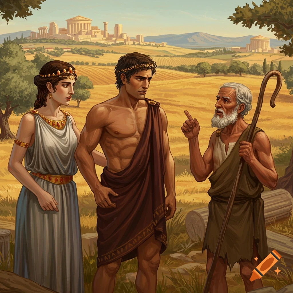 Illustration of Jocasta, Oedipus, and a shepherd talking in an ancient Greek landscape.