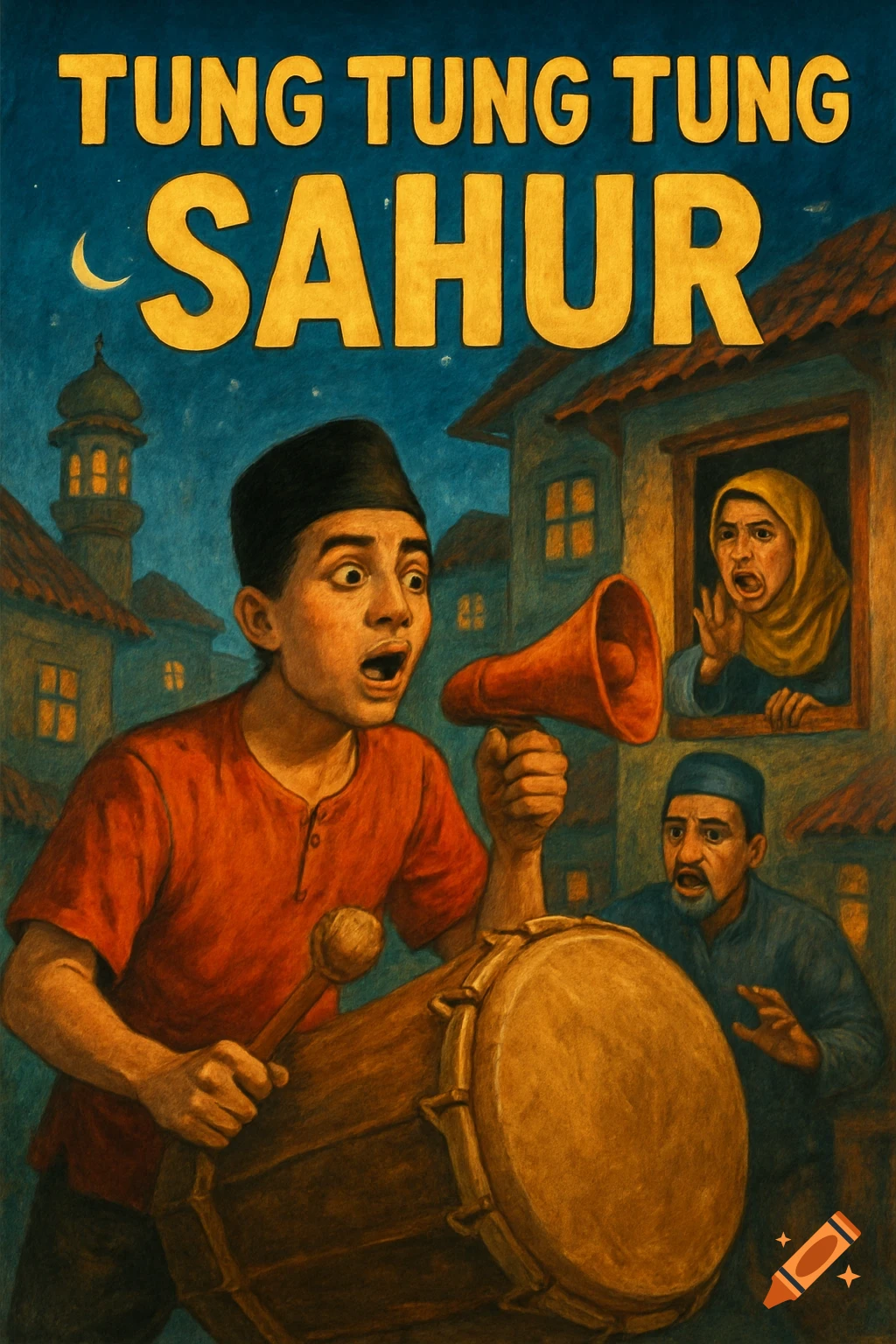 Illustration of a boy with drum and megaphone waking people for Sahur under a crescent moon
