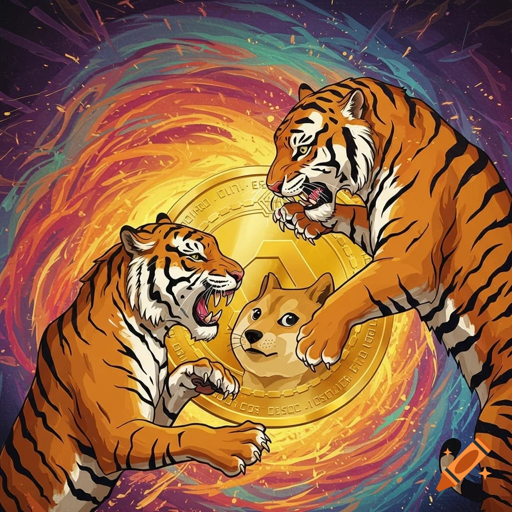Two stylized tigers fighting over a gold coin with a doge face, against a colourful abstract background.