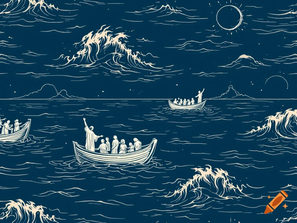 Line drawing pattern of Jesus calming the storm on a dark blue sea with stylized waves and boats.