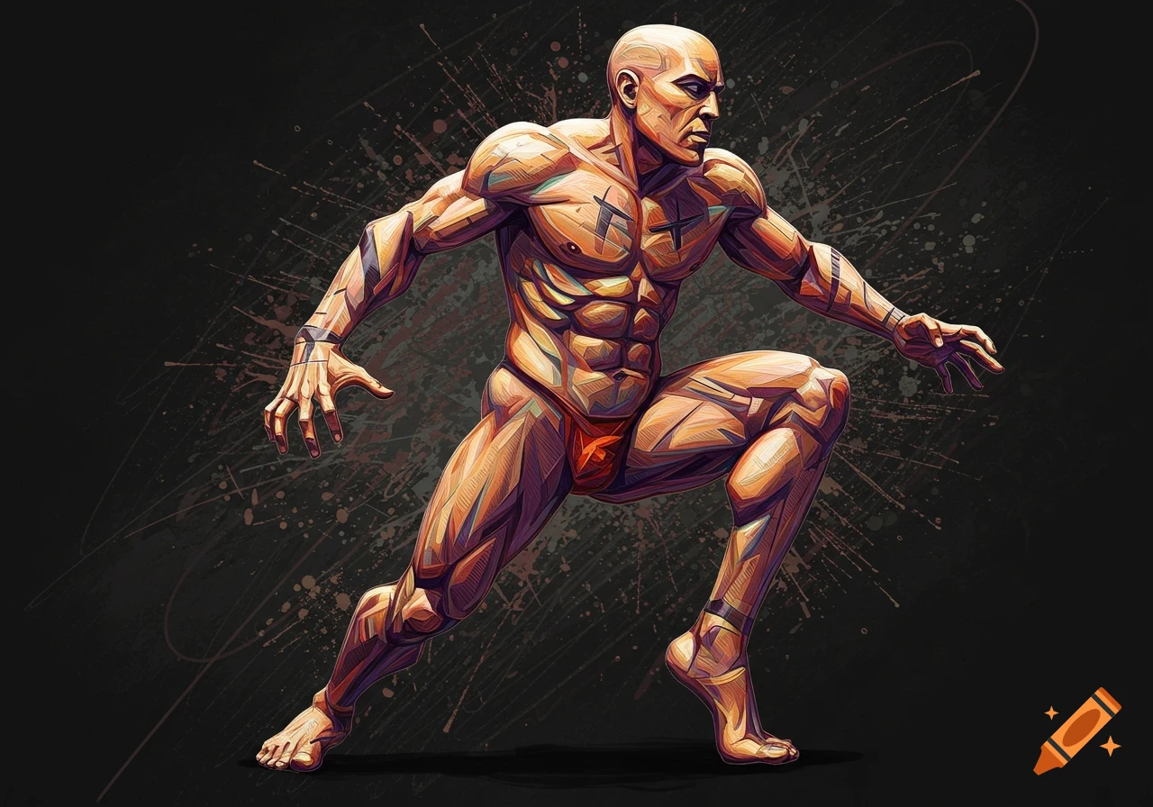 Stylized graphic illustration of a muscular male figure crouching in a dynamic pose.