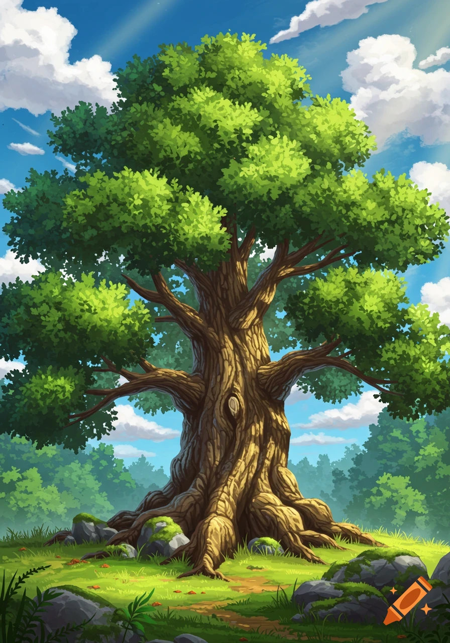 Illustration of a large, ancient tree in a forest clearing with bright green grass and clouds in a blue sky.
