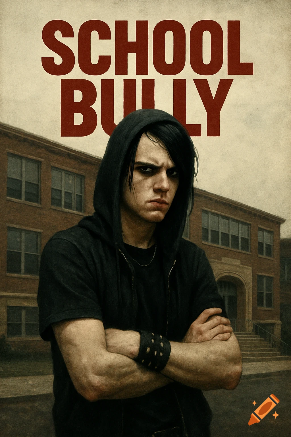 A movie poster featuring a sullen young man in a black hoodie with crossed arms standing in front of a school building, with the title 'SCHOOL BULLY' above him.