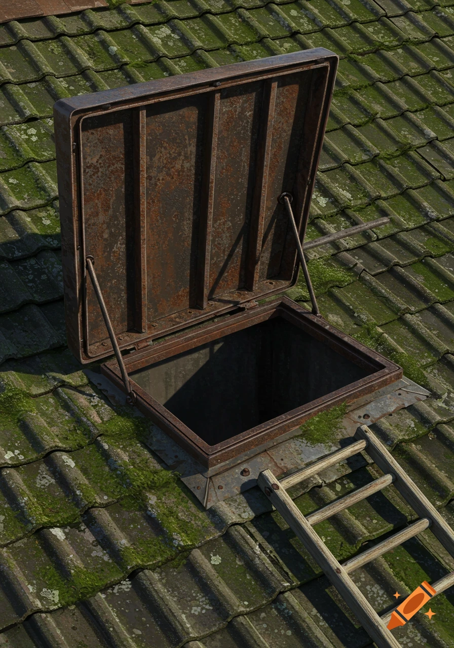 An open rusty roof hatch on a mossy tile roof with a wooden ladder leaning nearby.
