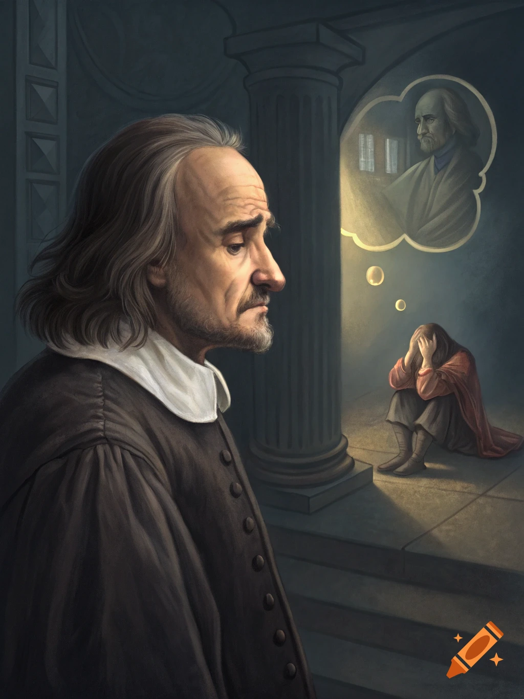 Man in historical clothes looks on as thought bubble shows figure near books and person sits distressed in background.