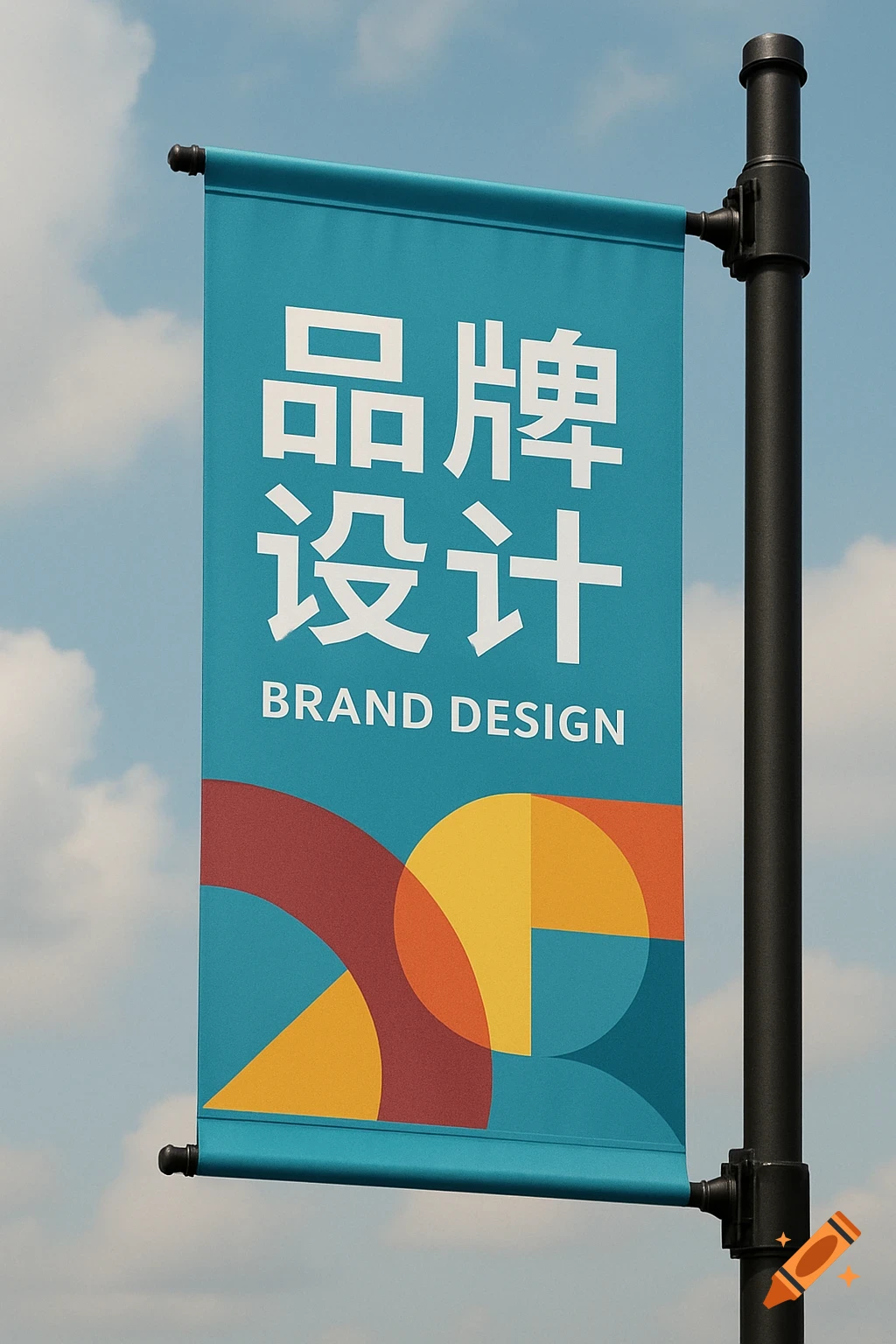 Banner with Chinese and English text 'Brand Design' and abstract shapes on a lamppost against a cloudy sky