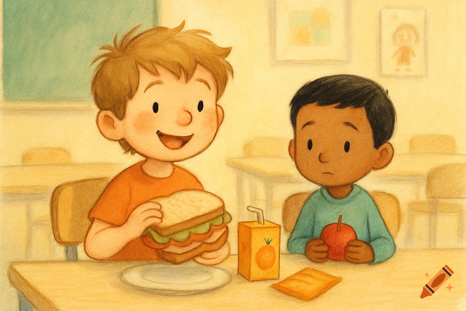 Children's book illustration of two boys eating lunch at school