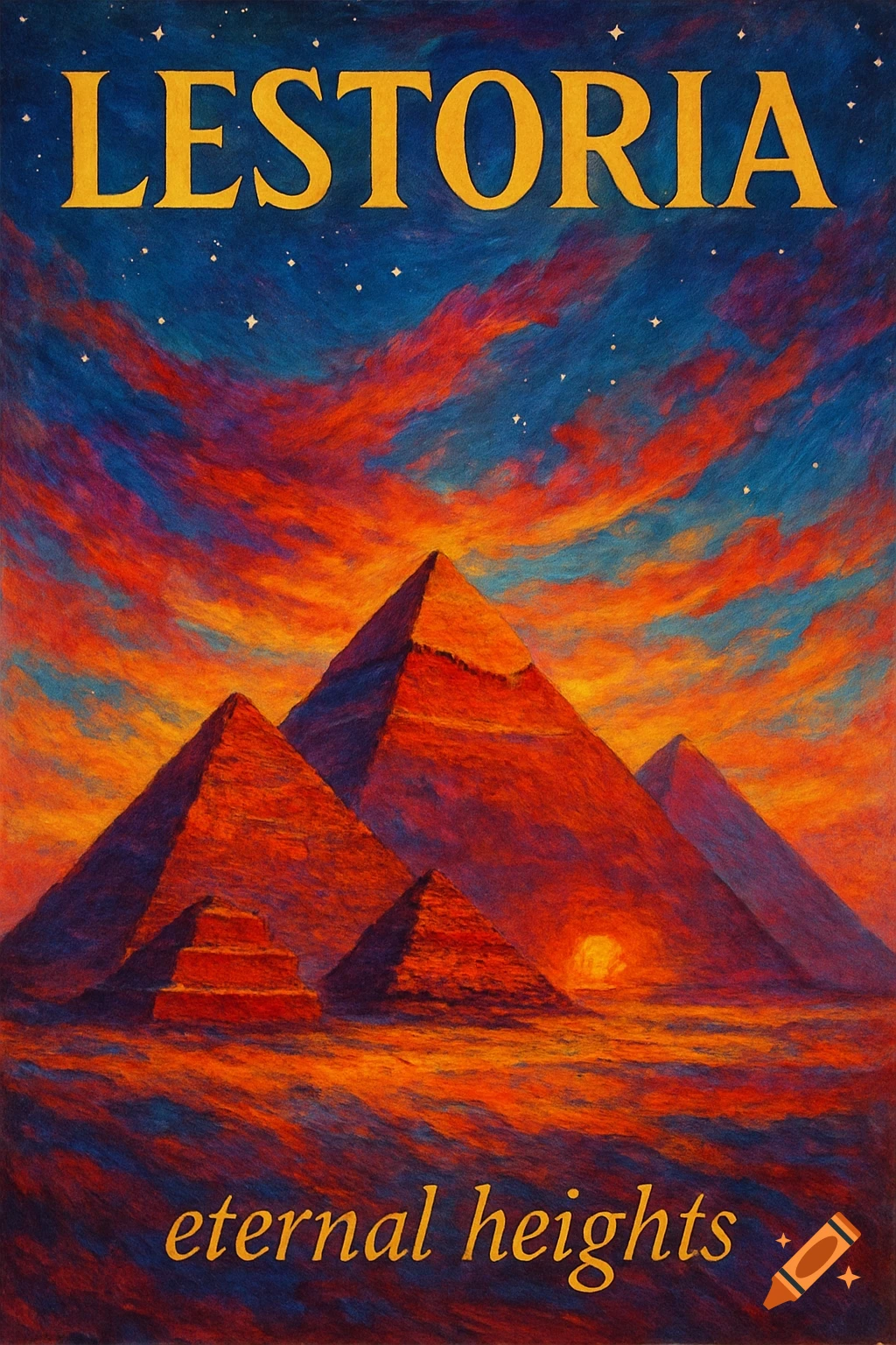 Vivid landscape painting of pyramids under a starry sky at sunset, with 'LESTORIA' and 'eternal heights' text.