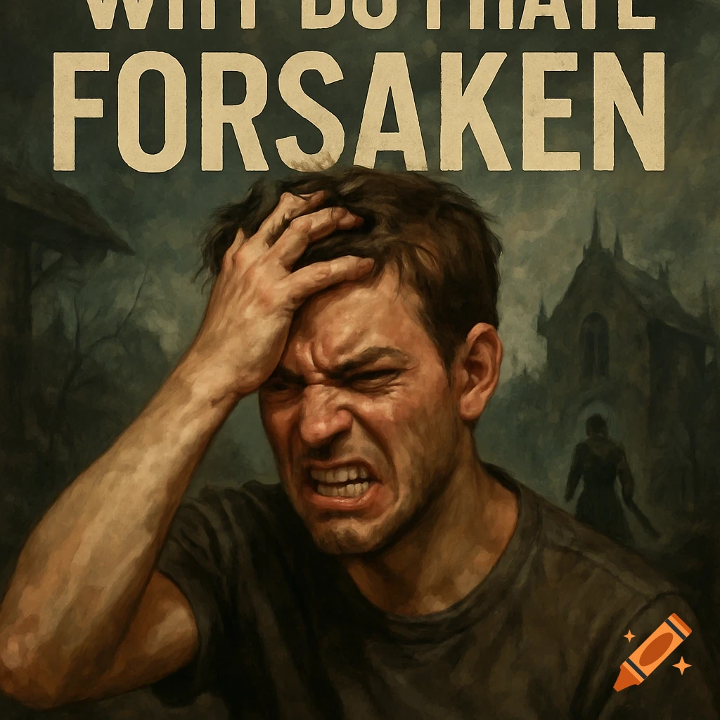 Illustration of a man looking stressed with text 'WHY DO I HATE FORSAKEN' above him.