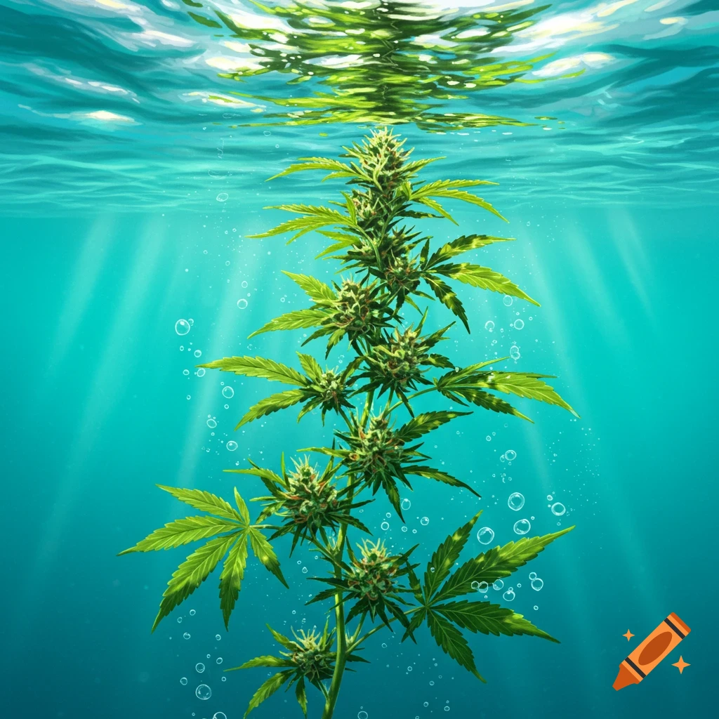 A cannabis plant grows underwater with sunbeams filtering down from the surface and bubbles floating nearby.