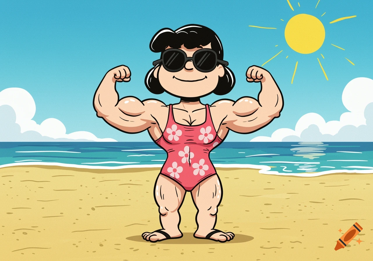 Cartoon character flexing muscles on a sunny beach