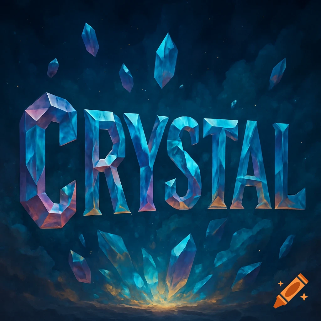 3D text 'CRYSTAL' made of shimmering blue and purple crystals, surrounded by floating crystals against a dark sky.