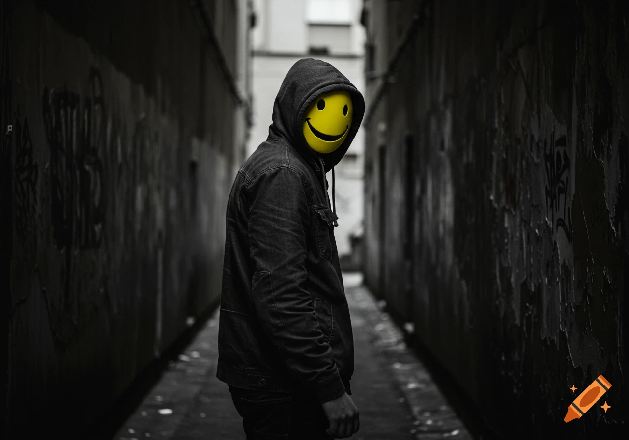 Hooded figure with a yellow smiley face mask in a dark alley.