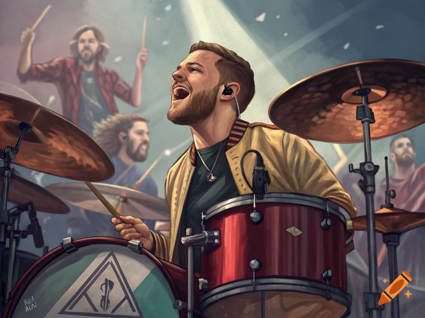 Illustration of a drummer singing and playing drums during a live music performance.
