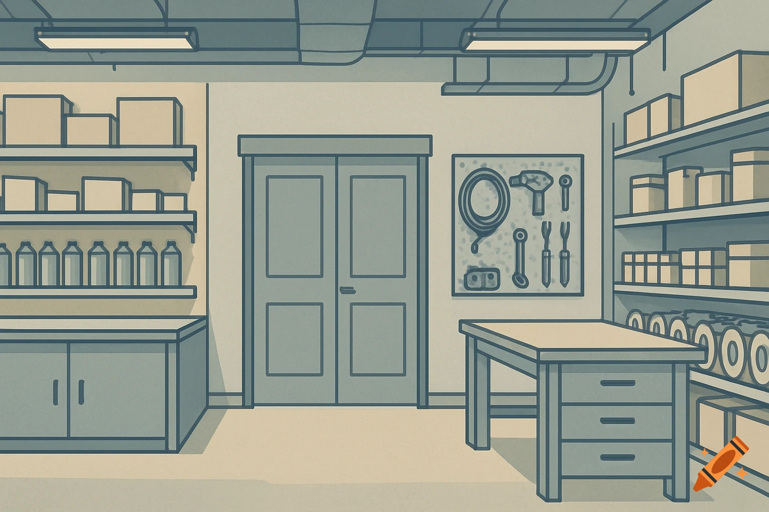 An illustrated storage room or workshop with shelves, boxes, bottles, door, table, and tools on a pegboard.
