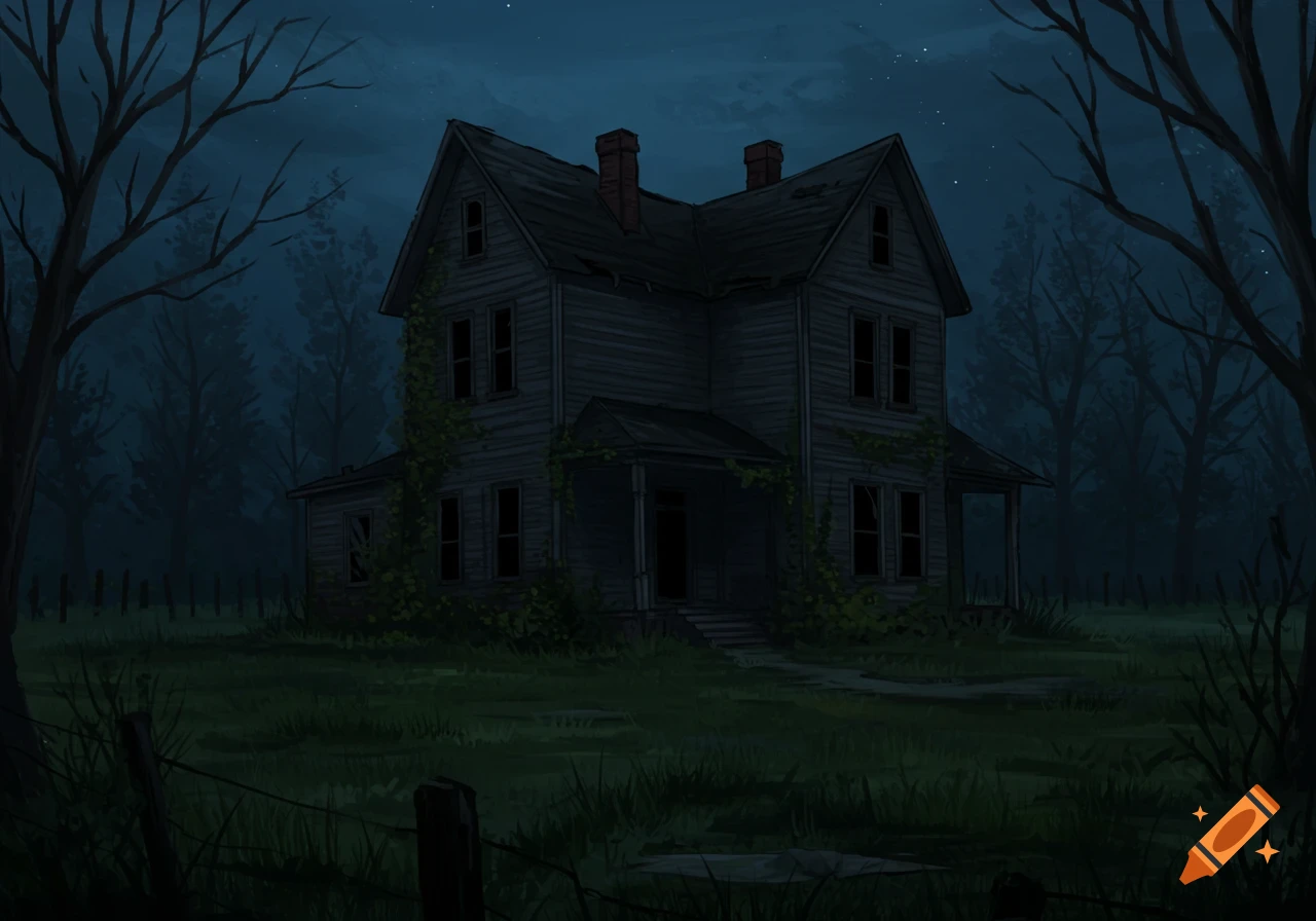 An old abandoned house stands eerily in a field at night under a starry sky.
