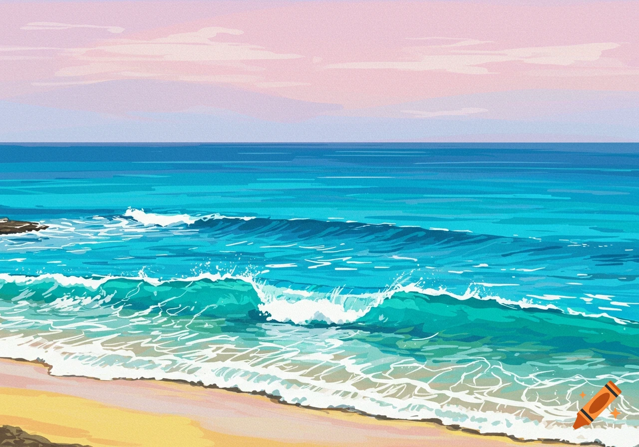 Colorful illustration of waves rolling onto a sandy beach under a pink sky.