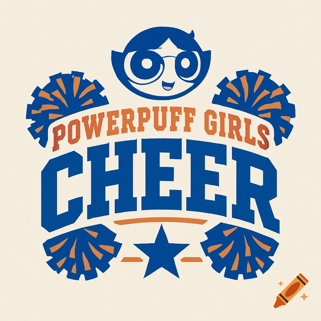 A blue and orange logo featuring a cartoon character face with cheer poms and the text "POWERPUFF GIRLS CHEER".