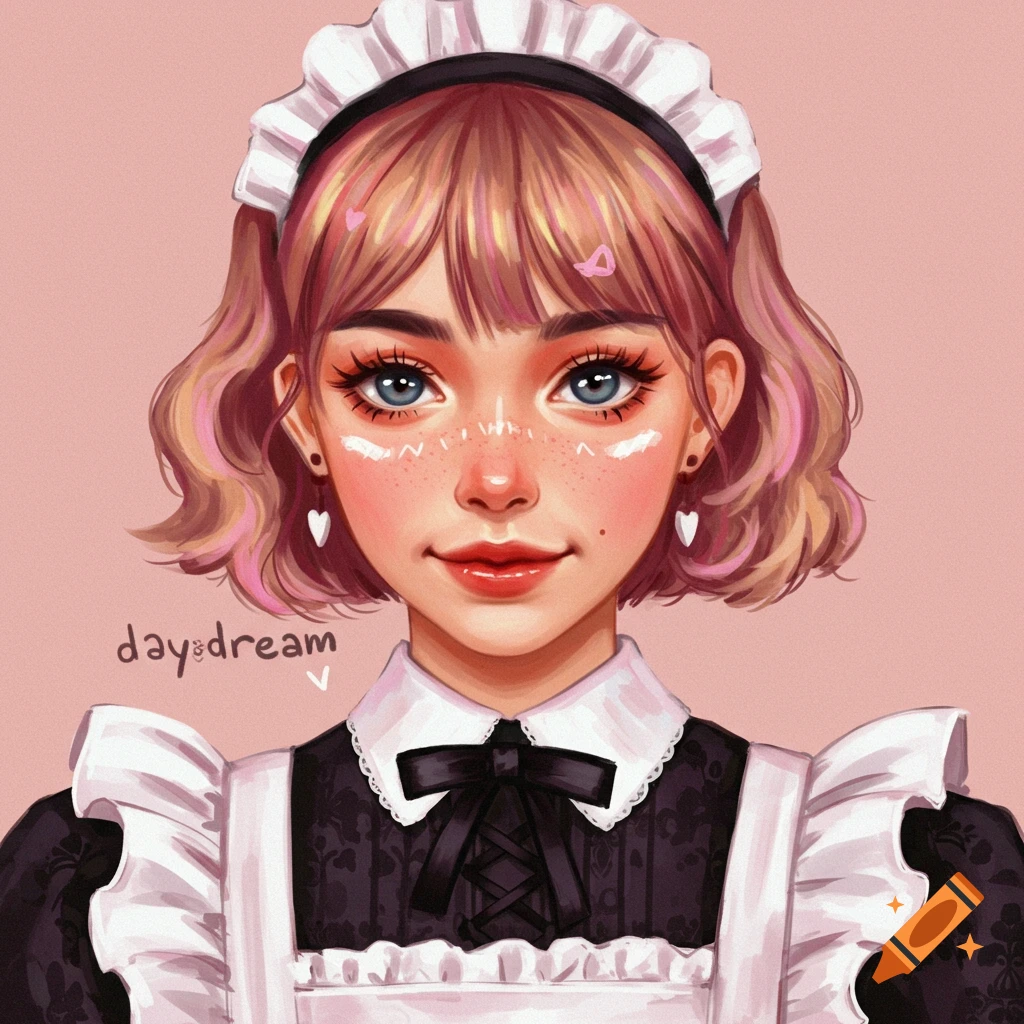 Illustration portrait of a woman in a maid dress with the text "daydream".