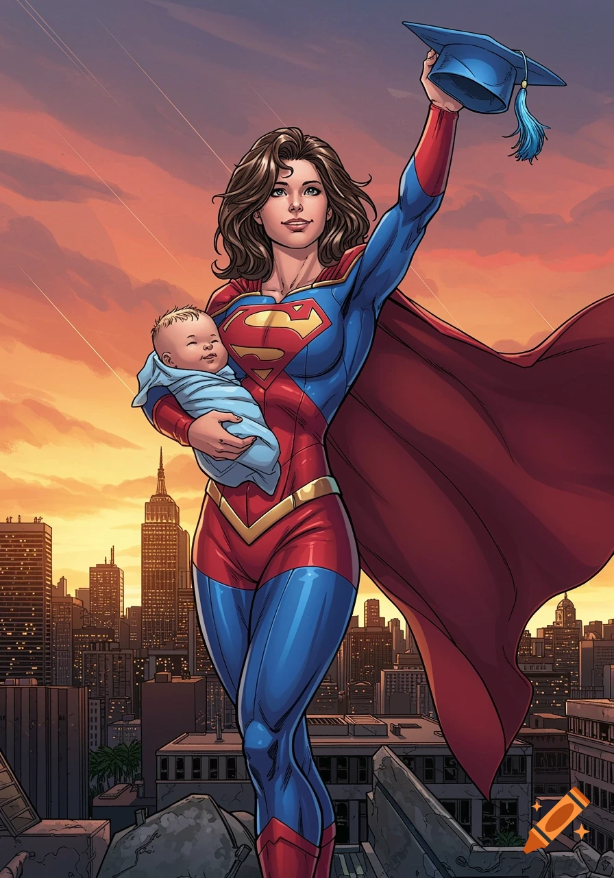 Superwoman holding a baby and raising a graduation cap over a cityscape in comic art style.