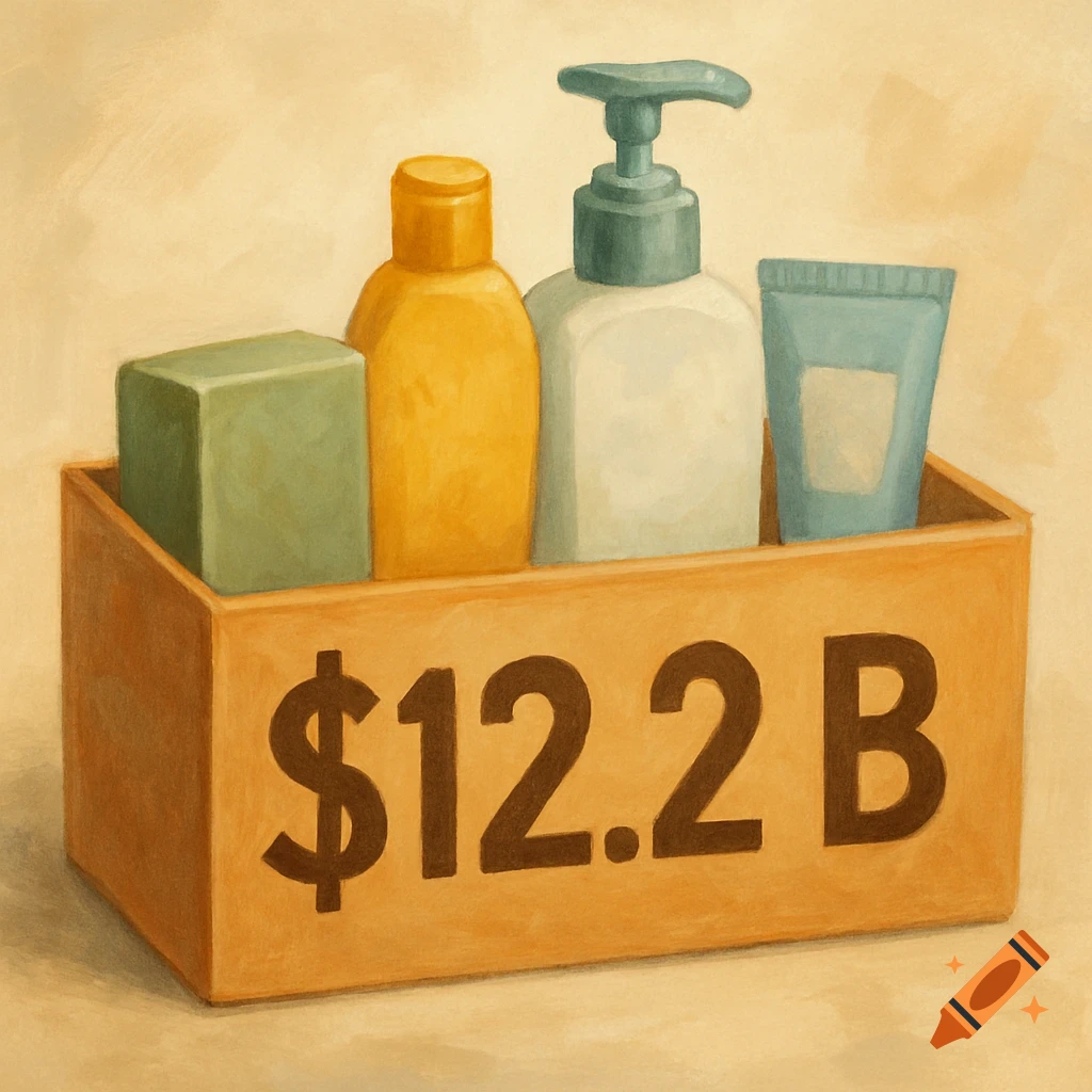 Illustration of a bar of soap, bottle, lotion dispenser, and tube in a wooden box with "$12.2 B" printed on it.