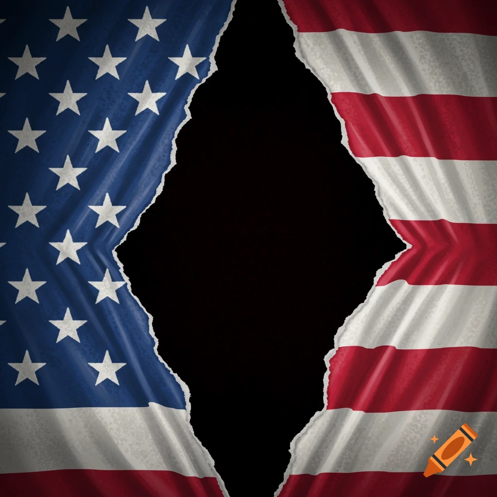 A torn American flag with a black void in the center.