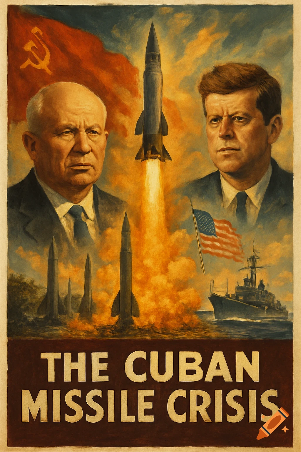 Painted movie poster for the Cuban Missile Crisis featuring portraits of Khrushchev and JFK, rockets, and a ship.