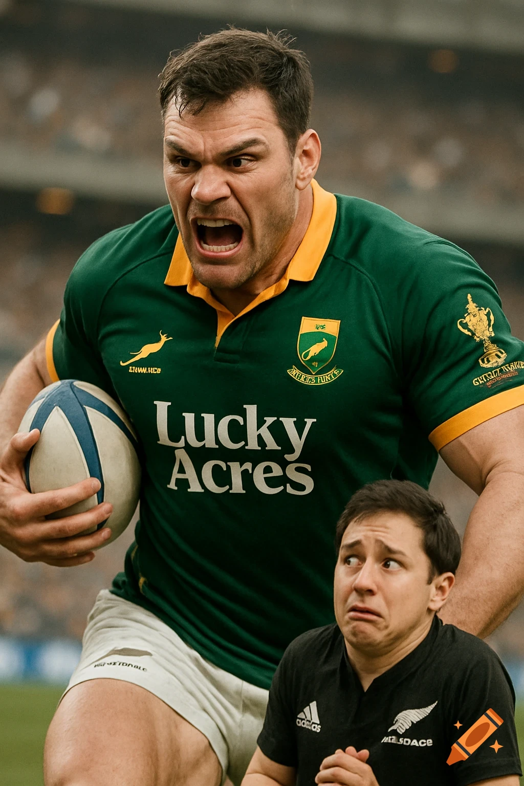 Photorealistic image of a large rugby player in green jersey running with a ball, looming over a small, scared player in a black jersey.