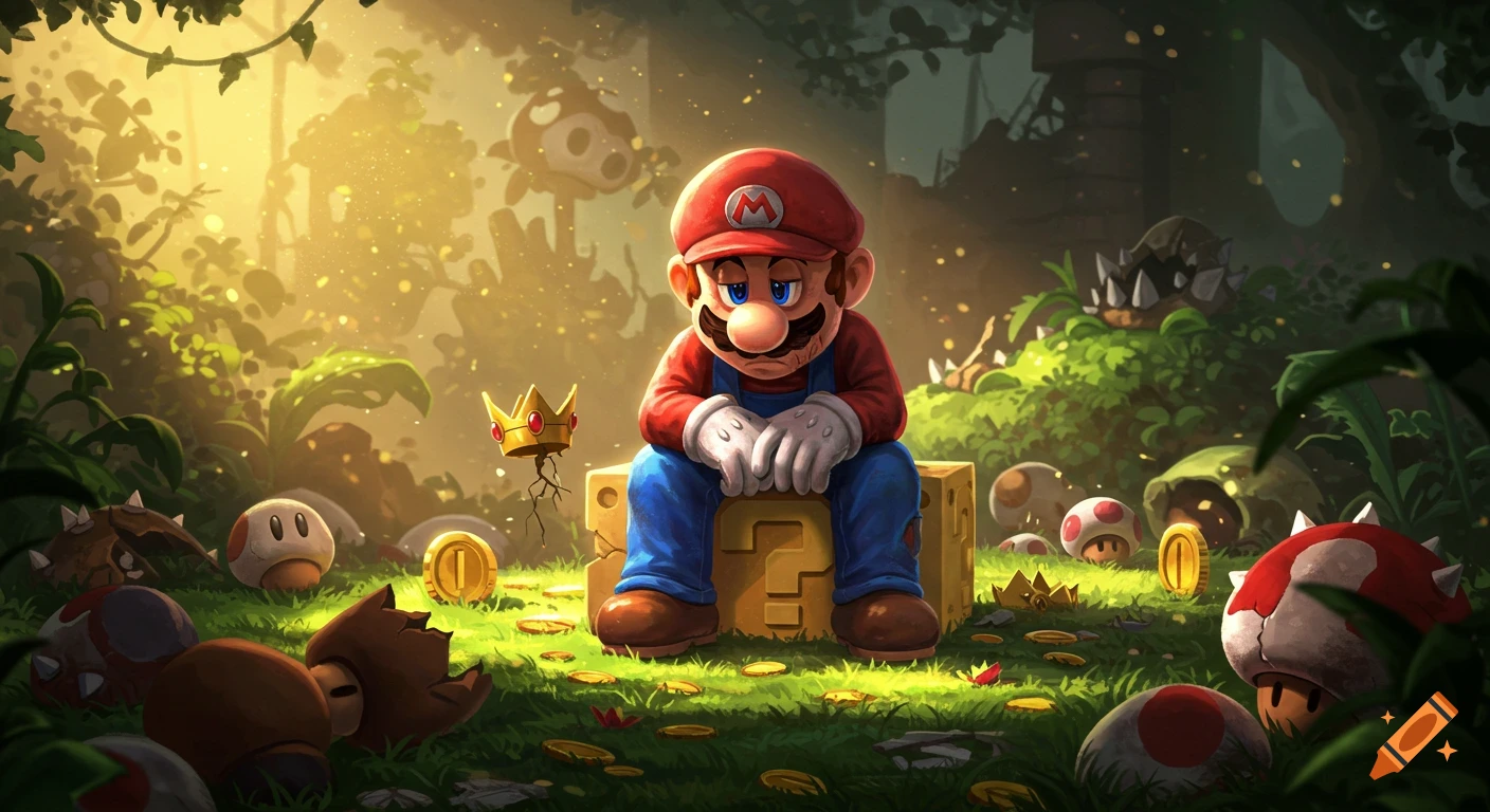 Tired Mario sits on a question block in a dystopian forest, surrounded by broken game elements and glowing coins. Fantasy art style.