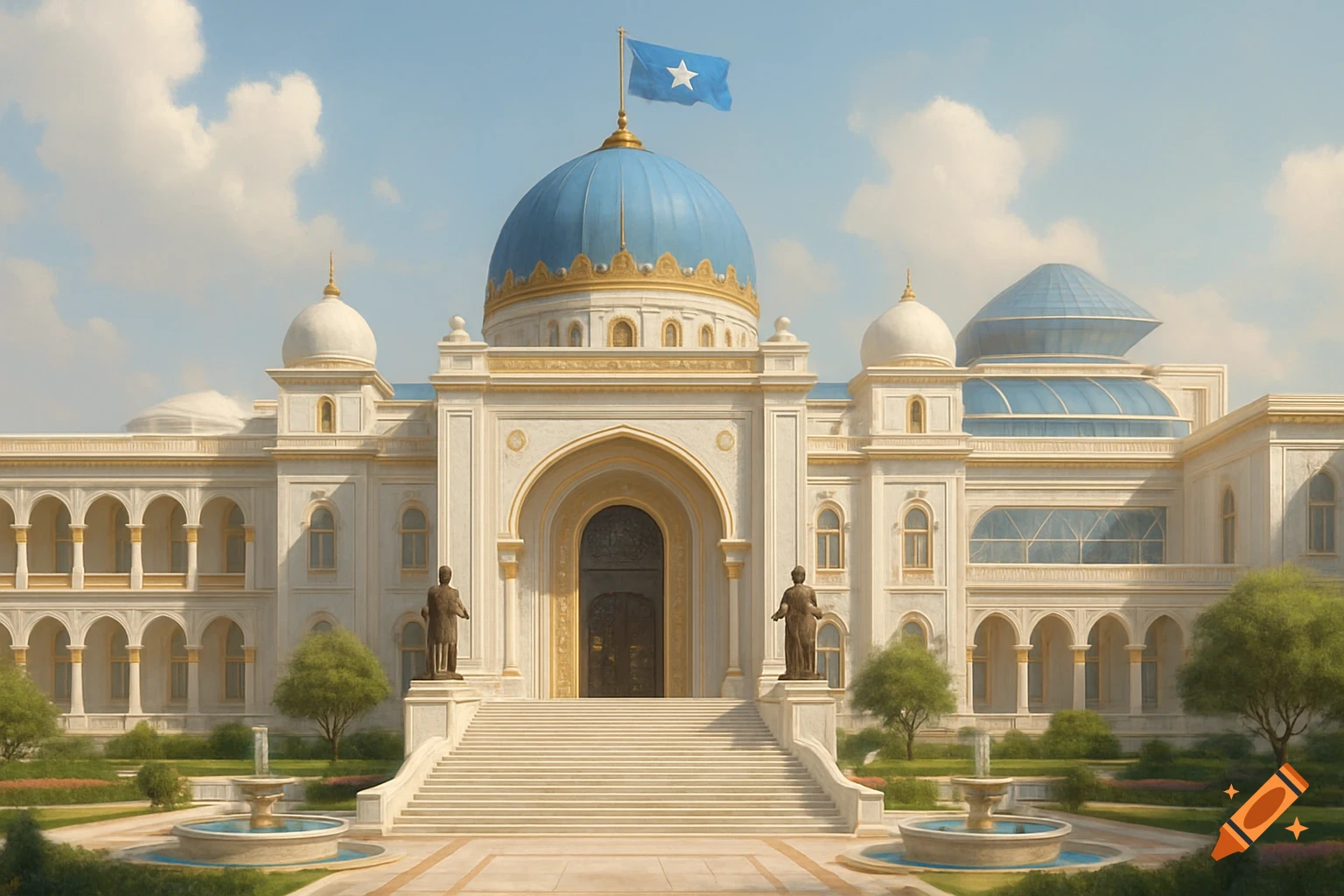 A grand white building with a blue dome, flag, grand staircase, and fountains in a garden.