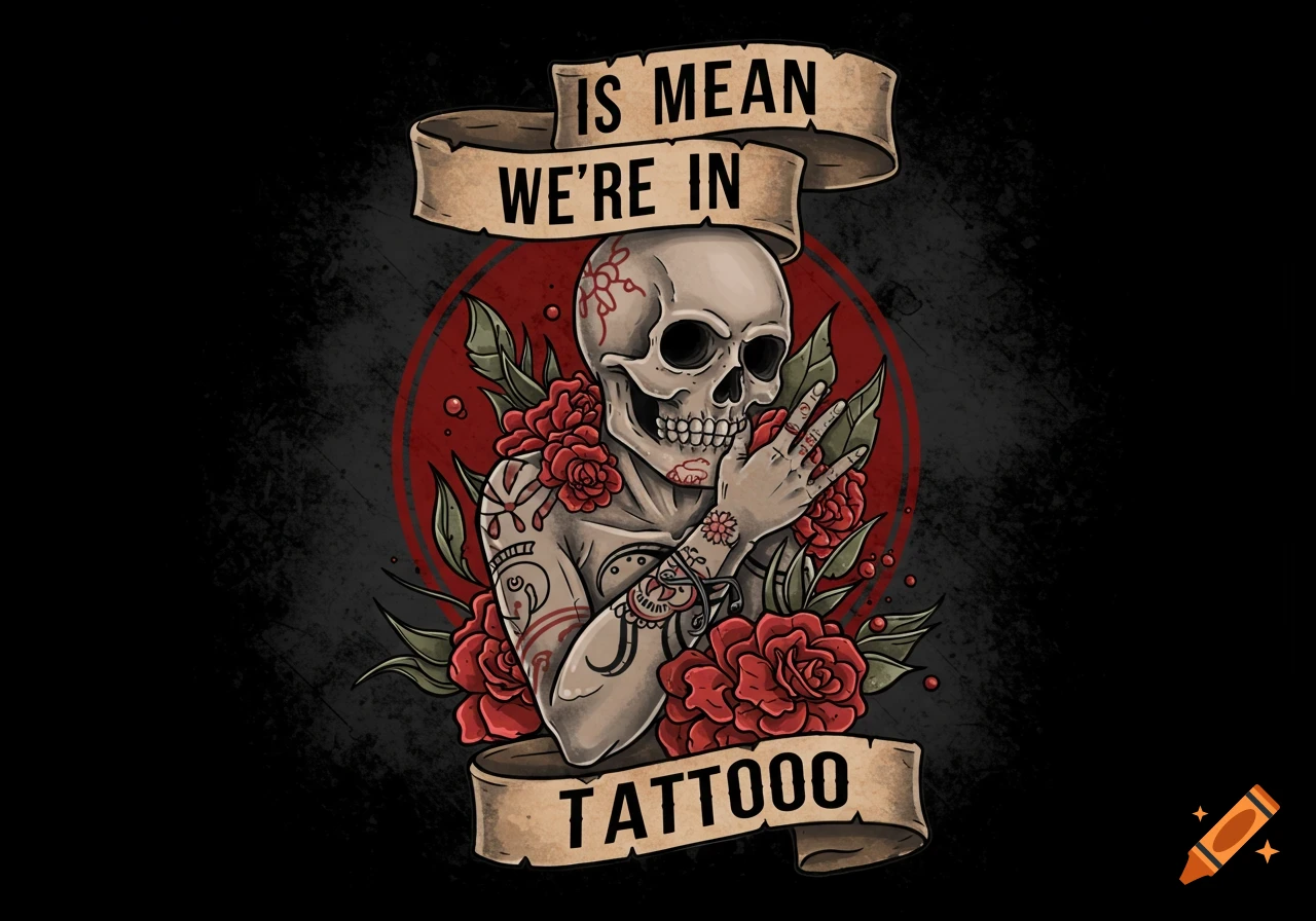 Illustration of a tattooed skull surrounded by red roses and green leaves, with text banners above and below, on a dark textured background.