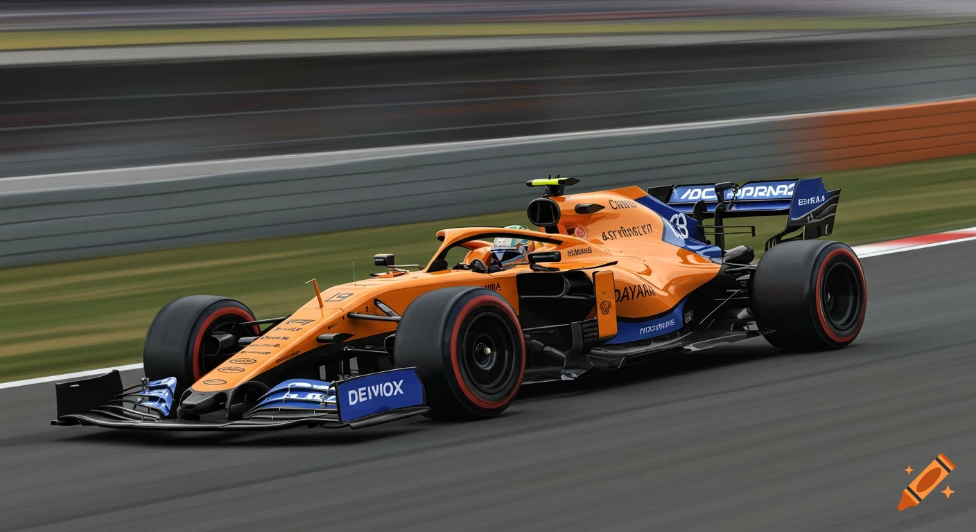 An orange and blue Formula 1 car speeds around a race track.