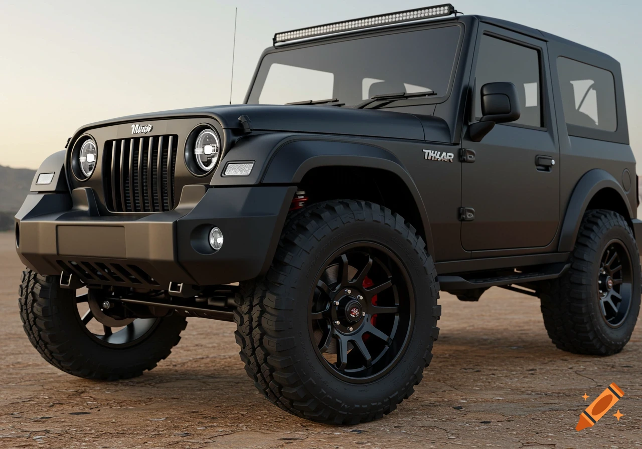 A black off-road jeep-like vehicle parked on dirt.