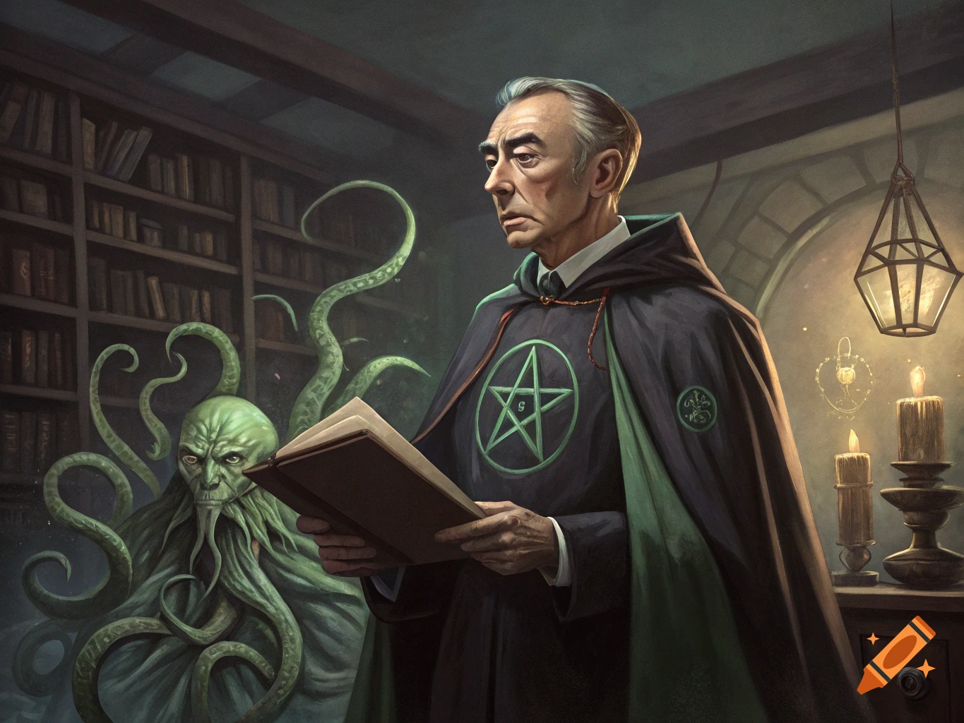 Digital painting of a man in cultist robes reading a book, with a green Cthulhu creature behind him in a dim library.