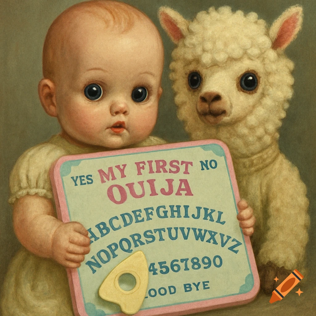 Painting of a baby doll holding a Ouija board next to a stuffed alpaca.