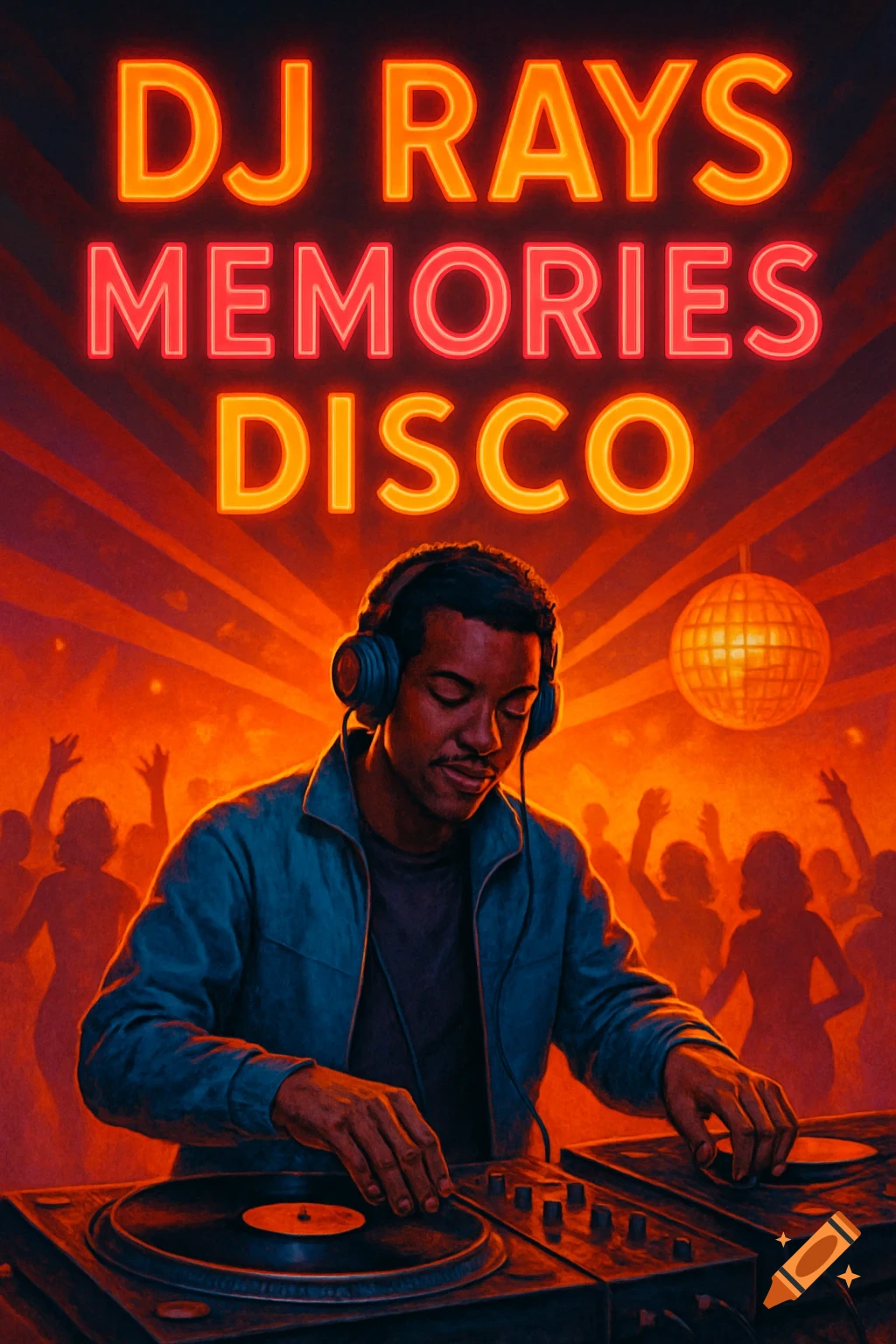 A DJ mixes music at a disco under neon text that reads "DJ RAYS MEMORIES DISCO", with silhouetted dancers in the background.