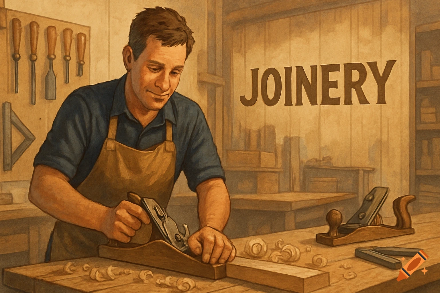 Illustration of a man planing wood in a workshop with 'JOINERY' on the wall
