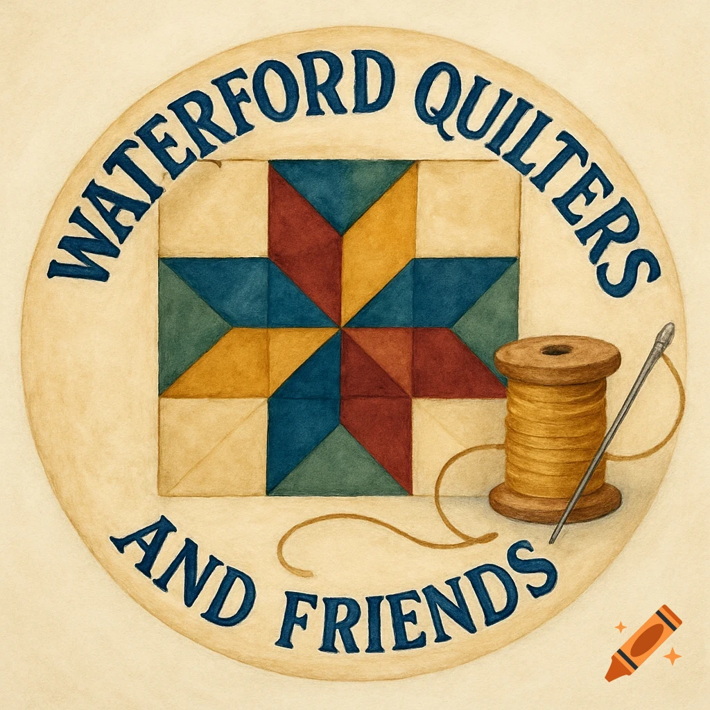 Logo for Waterford Quilters and Friends with a quilt block, spool, and needle in watercolor style.