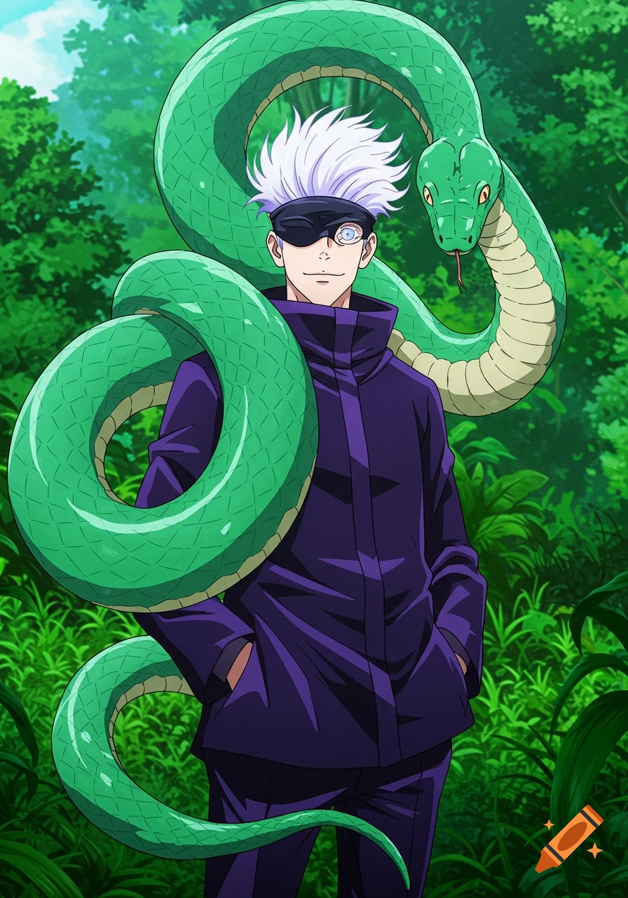 Anime character Gojo with a large green snake wrapped around him in a jungle setting.