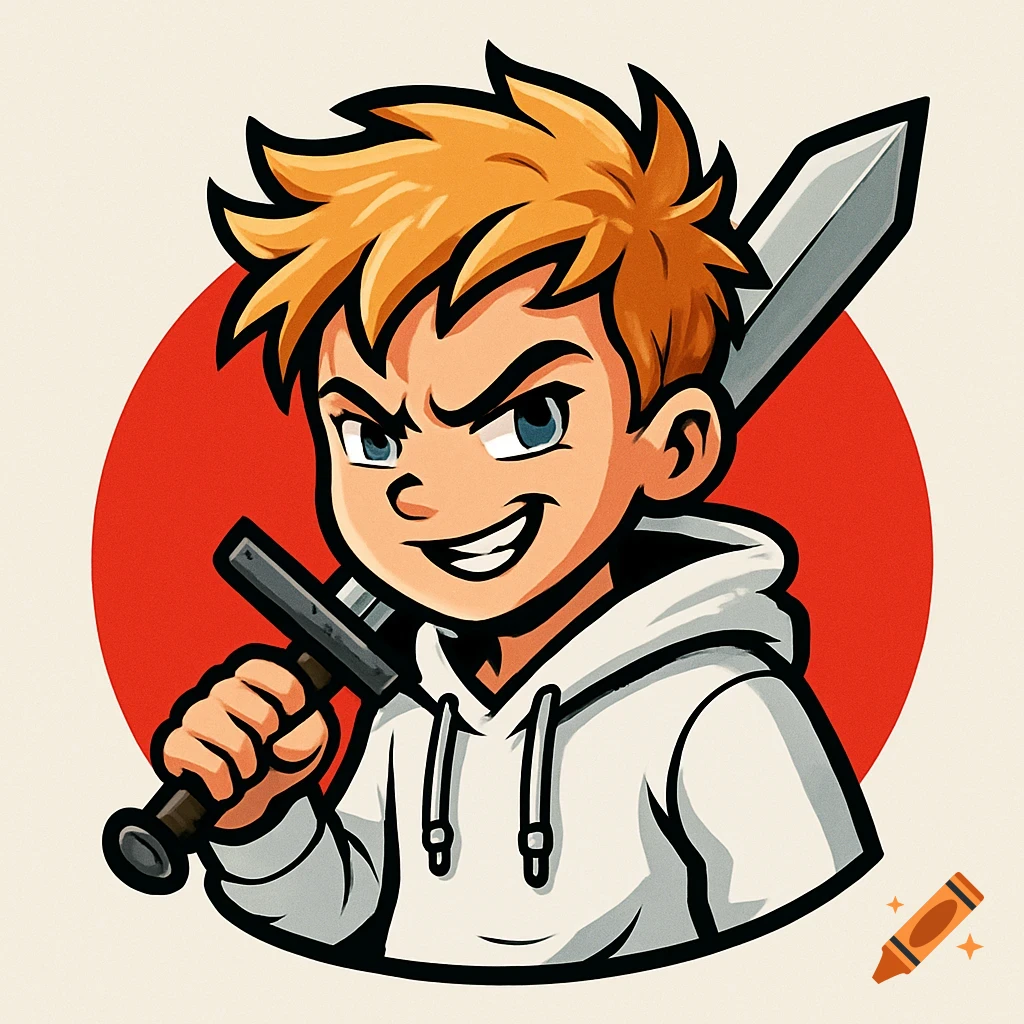Cartoon boy with blonde hair in white hoodie holding a sword over his shoulder, red background.