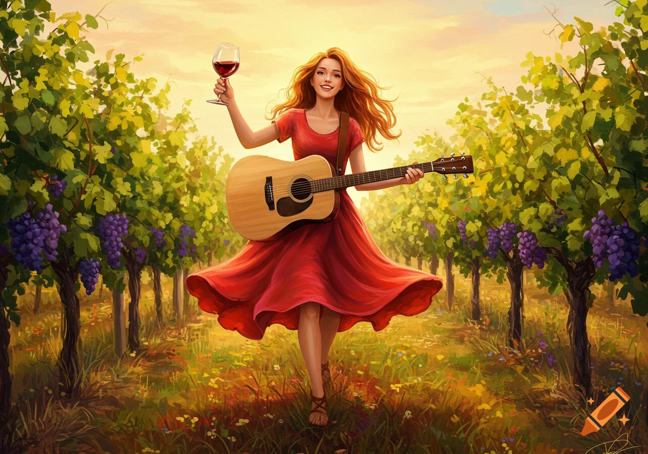 Woman skipping through vineyard holding guitar and wine, painting style