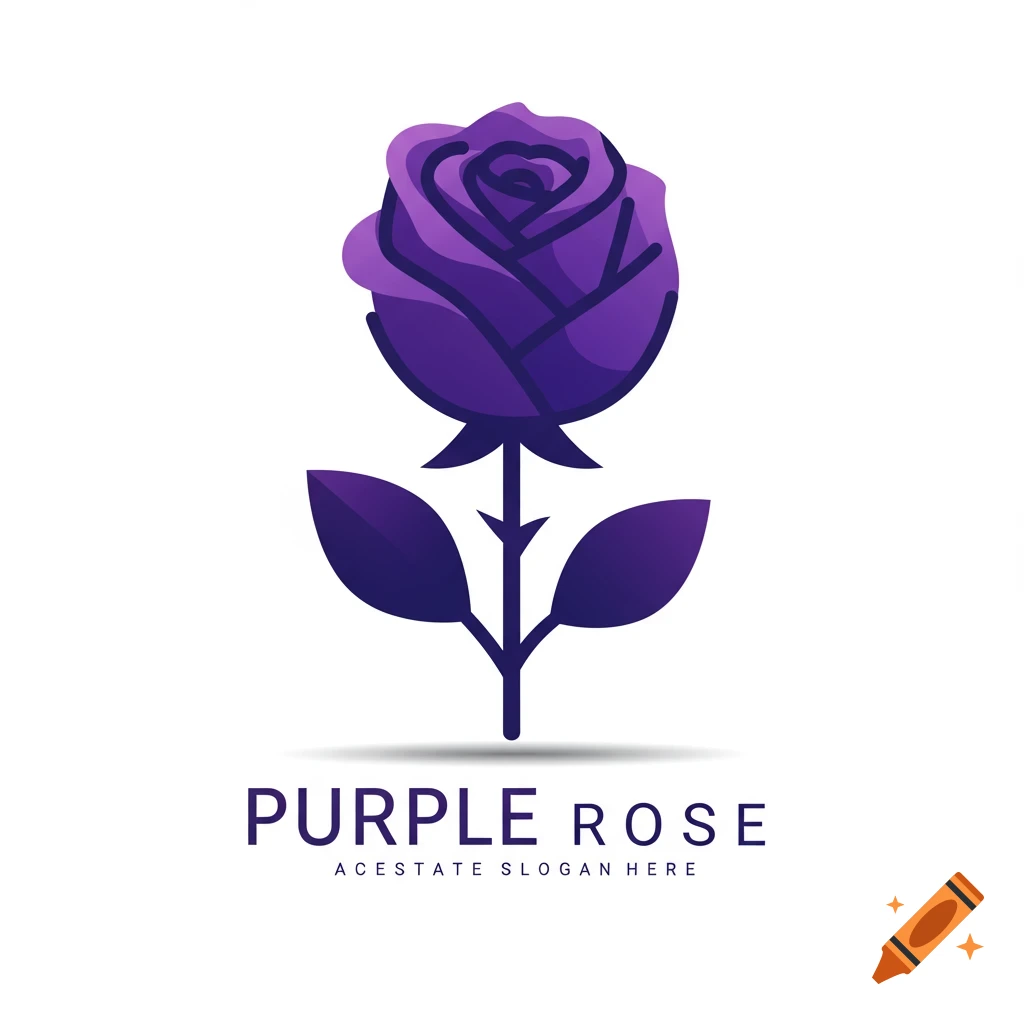 An abstract purple rose logo with gradient shading and text below it.