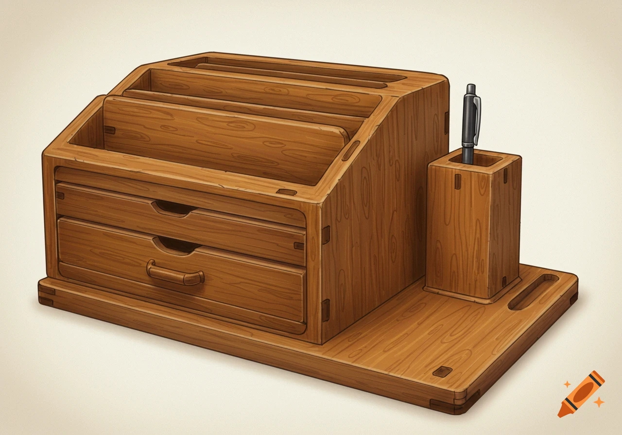 Wooden desk organizer with drawers and pen holder, detailed illustration style
