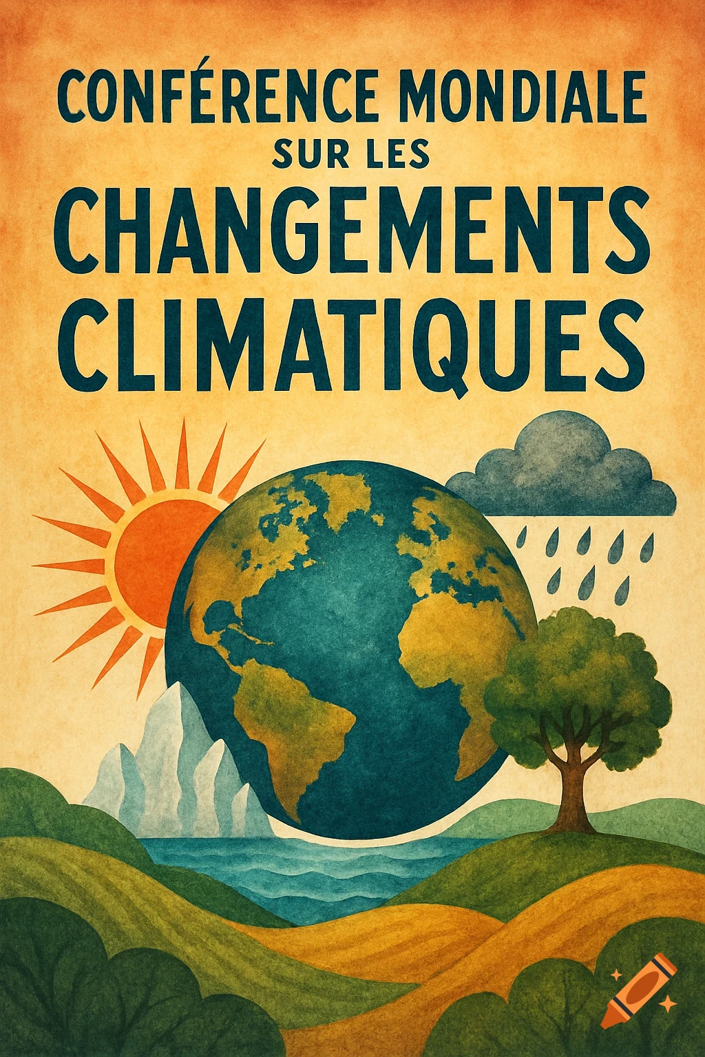 Illustration poster for climate change conference with Earth, sun, rain, mountains, and a tree.