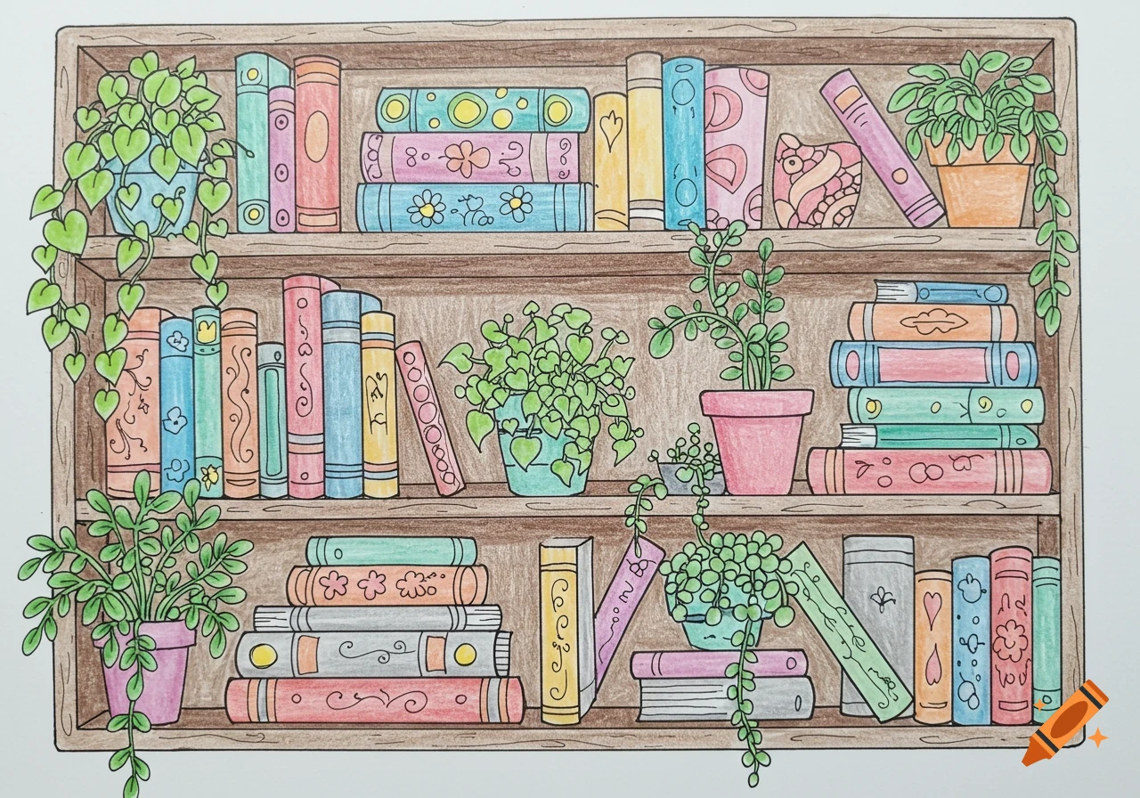 A whimsical coloring page illustration of a bookshelf filled with colorful books and potted plants.