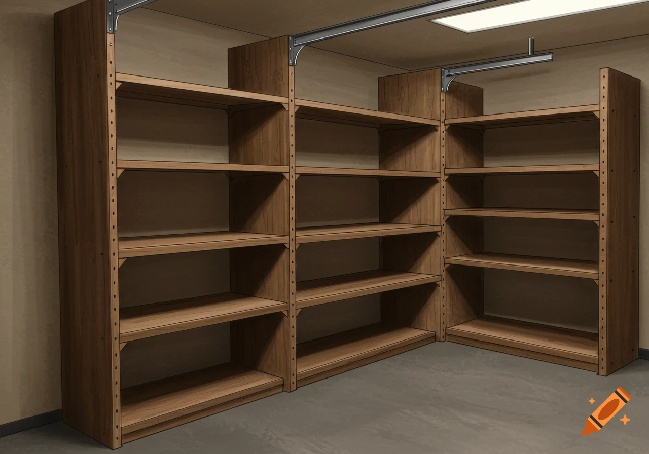 Wooden shelves in a garage corner