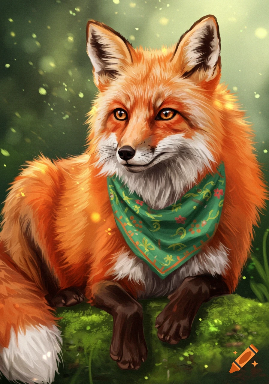 An illustration of an orange fox wearing a green bandana, sitting in a forest with bokeh lights.